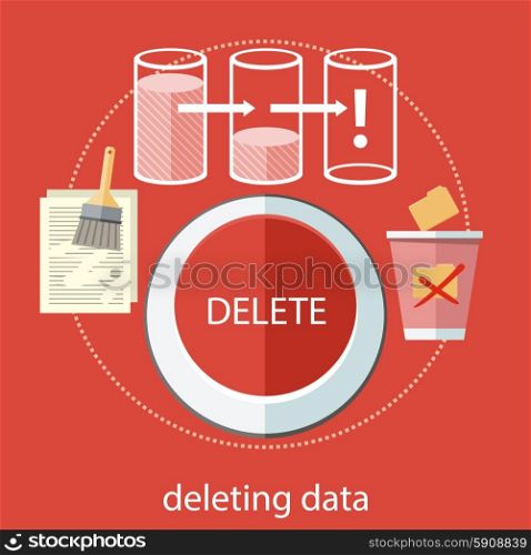 Deleting data files from folder to recycle bin. Delete button in red color. Brush cleans paper file. Concept in flat design style. Can be used for web banners and promotional materials. Deleting data