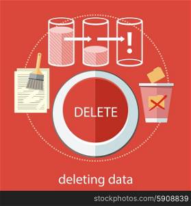 Deleting data files from folder to recycle bin. Delete button in red color. Brush cleans paper file. Concept in flat design style. Can be used for web banners and promotional materials. Deleting data