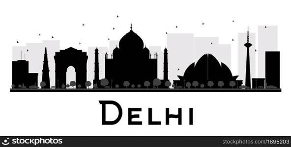 Delhi City skyline black and white silhouette. Vector illustration. Simple flat concept for tourism presentation, banner, placard or web site. Business travel concept. Cityscape with landmarks