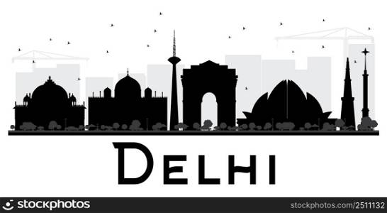 Delhi City skyline black and white silhouette. Vector illustration. Simple flat concept for tourism presentation, banner, placard or web site. Business travel concept. Cityscape with landmarks