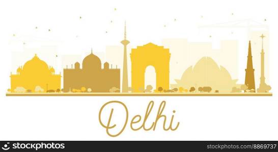Delhi City skyline golden silhouette. Vector illustration. Simple flat concept for tourism presentation, banner, placard or web site. Business travel concept. Cityscape with landmarks.