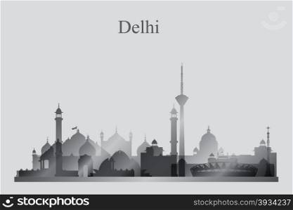 Delhi city skyline silhouette in grayscale, vector illustration