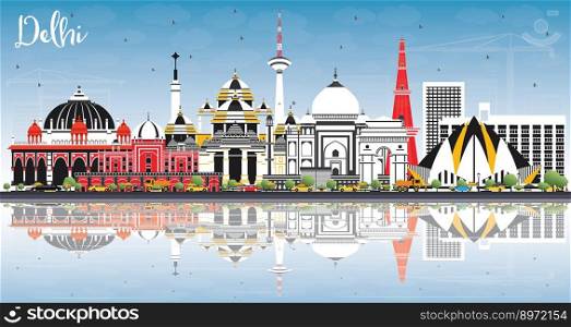 Delhi India City Skyline with Color Buildings, Blue Sky and Reflections. Vector Illustration. Business Travel and Tourism Concept with Historic Architecture. Delhi Cityscape with Landmarks.