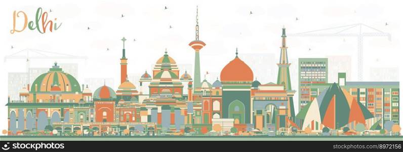 Delhi India City Skyline with Color Buildings. Vector Illustration. Business Travel and Tourism Concept with Historic Architecture. Delhi Cityscape with Landmarks.