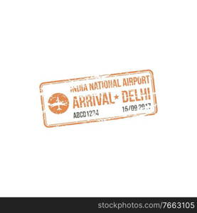 Delhi India national airport isolated arrival st&. Vector grunge seal, official visa in passport template. Official visa st&India Delhi airport isolated