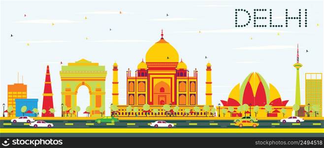 Delhi Skyline with Color Buildings and Blue Sky. Vector Illustration. Business Travel and Tourism Concept with Historic Architecture. Image for Presentation, Banner, Placard.