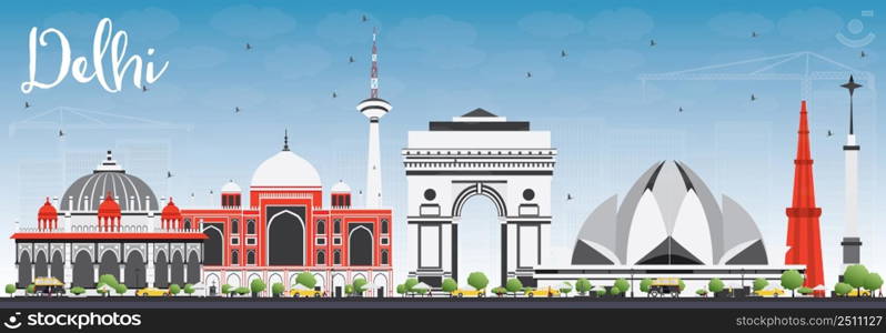 Delhi Skyline with Gray Buildings and Blue Sky. Vector Illustration. Business Travel and Tourism Concept with Historic Buildings. Image for Presentation Banner Placard and Web Site.