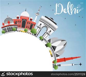 Delhi Skyline with Gray Buildings, Blue Sky and Copy Space. Vector Illustration. Business Travel and Tourism Concept with Historic Architecture. Image for Presentation Banner Placard and Web Site.