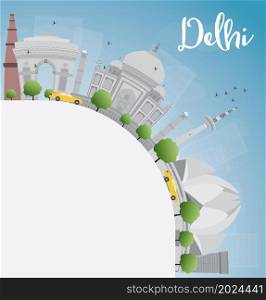 Delhi skyline with gray landmarks, blue sky and copy space. Business travel and tourism concept with place for text. Image for presentation, banner, placard and web site. Vector illustration.