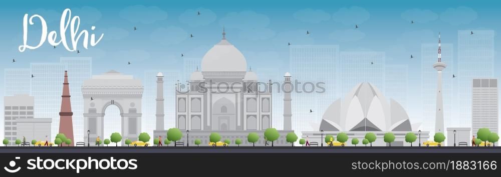 Delhi skyline with grey landmarks and blue sky. Vector illustration