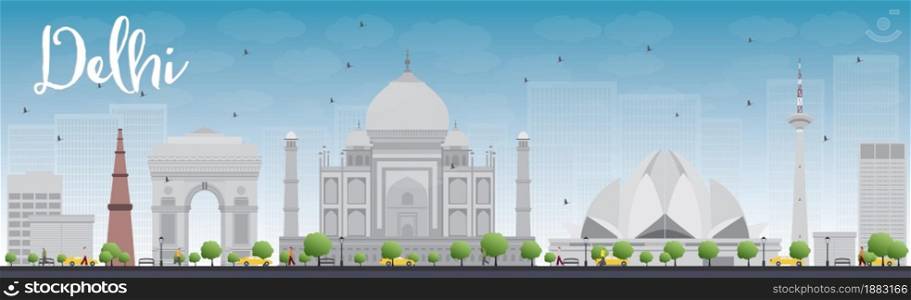 Delhi skyline with grey landmarks and blue sky. Vector illustration