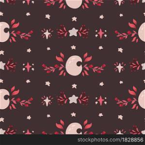 Delicate baby seamless pattern with a crescent moon, foliage, flowers and stars on brown background. Delicate mystical texture with natural wreaths. Vector spiritual wallpaper. Celestial tender fabric. Delicate baby seamless pattern with a crescent moon, foliage, flowers and stars on brown background. Delicate mystical texture with natural wreaths. Vector spiritual wallpaper