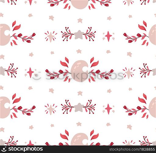 Delicate baby seamless pattern with a crescent moon, foliage, flowers and stars on white background. Delicate mystical texture with natural wreaths. Vector spiritual wallpaper. Celestial tender fabric. Delicate baby seamless pattern with a crescent moon, foliage, flowers and stars on white background. Delicate mystical texture with natural wreaths.