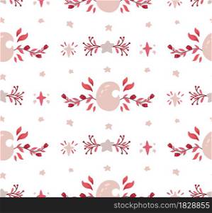 Delicate baby seamless pattern with a crescent moon, foliage, flowers and stars on white background. Delicate mystical texture with natural wreaths. Vector spiritual wallpaper. Celestial tender fabric. Delicate baby seamless pattern with a crescent moon, foliage, flowers and stars on white background. Delicate mystical texture with natural wreaths.