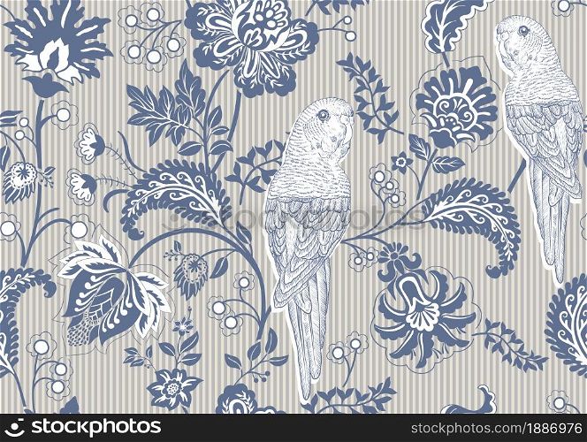 Delicate background with parrots and decorative flowers. Striped background with paisley and decorative plants. Wallpaper with birds and flowers. Luxury pattern for creating textiles, wallpaper, paper