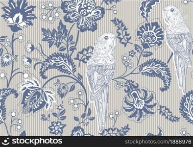Delicate background with parrots and decorative flowers. Striped background with paisley and decorative plants. Wallpaper with birds and flowers. Luxury pattern for creating textiles, wallpaper, paper