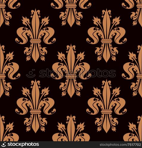 Delicate beige fleur-de-lis floral seamless pattern of french heraldic lilies with ornamental leaves and flower buds on reddish brown background. Use as medieval monarchy theme or interior design. Fleur-de-lis floral seamless pattern background
