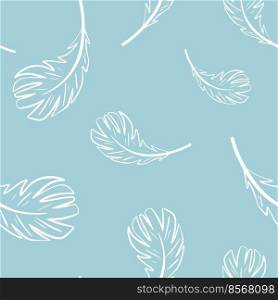 Delicate blue background with flying white feathers seamless pattern. Delicate pastel print for textiles, packaging, paper and design. Repeat template with silhouette of feathers vector illustration