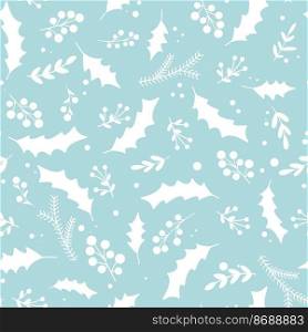 Delicate blue Christmas seamless pattern. White silhouette sprig leaves and berries. Festive Christmas background. Print for design textiles, paper, packaging, wallpaper vector illustration