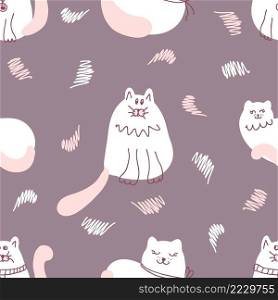 Delicate doodle seamless pattern with fat white cats. Perfect for T-shirt, textile and print. Hand drawn vector illustration for decor and design.