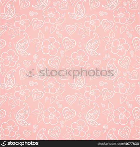 Delicate floral seamless pattern with flowers, butterflies and hearts