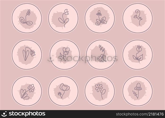 Delicate highlight icons set of continuous line flowers. Logo for boutique, floral shop, eco product. Hand drawn vector illustration for decor and design.