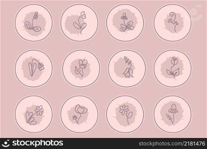 Delicate highlight icons set of continuous line flowers. Logo for boutique, floral shop, eco product. Hand drawn vector illustration for decor and design.