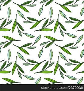 Delicate leaf and branches seamless pattern. Simple foliage ornament. Twigs and branches endless wallpaper. Vintage floral elements background. Design for fabric, textile print, wrapping, cover. Delicate leaf and branches seamless pattern. Simple foliage ornament.