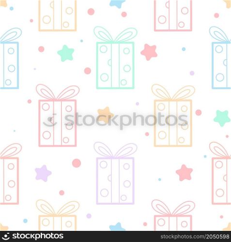 Delicate pastel seamless pattern with gifts. Background with baby gift boxes. Template for packaging, fabric, paper and decor for birthday and holiday. Delicate pastel seamless pattern with gifts