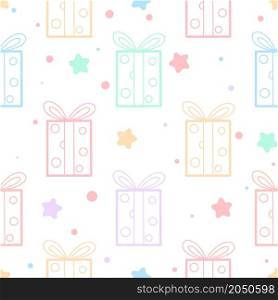 Delicate pastel seamless pattern with gifts. Background with baby gift boxes. Template for packaging, fabric, paper and decor for birthday and holiday. Delicate pastel seamless pattern with gifts