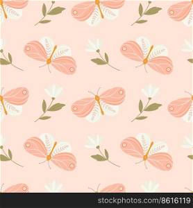 Delicate seamless pattern with butterflies and flowers. Summer vector background for fabric, textile, wallpaper on a light pink background.. Delicate seamless pattern with butterflies and flowers.