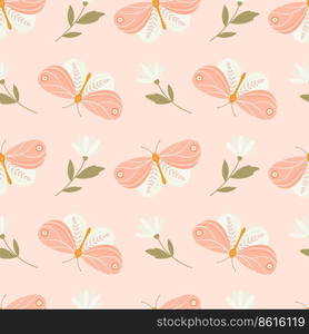 Delicate seamless pattern with butterflies and flowers. Summer vector background for fabric, textile, wallpaper on a light pink background.. Delicate seamless pattern with butterflies and flowers.