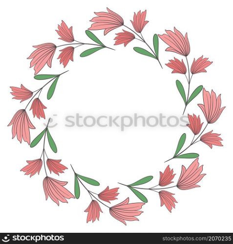 Delicate spring floral wreath isolated object. Circular frame with flowers and leaves. Round botanical template for cards and congratulations, vector illustration
