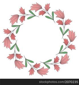 Delicate spring floral wreath isolated object. Circular frame with flowers and leaves. Round botanical template for cards and congratulations, vector illustration