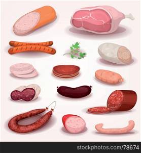Delicatessen And Butchery Meat Set. Illustration of a cartoon delicatessen set, with various pieces of french or italian prepared pork meat, including white, raw and country ham, salami slices, sausage, chorizo, bacon and pepperoni