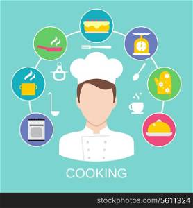 Delicatessen cooking culinary pastry chef classes advertisement with kitchen pictograms composition poster placard flat vector abstract illustration