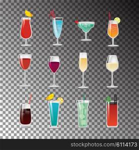 Delicious Alcohol Cocktails for Good Summer Party. Delicious alcohol cocktails in glasses with fruit slices and thin straws for summer party isolated vector illustrations on transparent background.