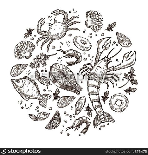 Delicious and exotic seafood in circle monochrome sketches. Ocean crab, huge lobster, tasty salmon, king shrimp, small shellfishes, lemon slices and greenery isolated cartoon flat vector illustration.. Delicious and exotic seafood in circle monochrome sketches