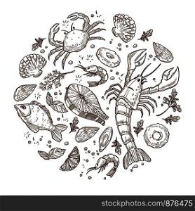 Delicious and exotic seafood in circle monochrome sketches. Ocean crab, huge lobster, tasty salmon, king shrimp, small shellfishes, lemon slices and greenery isolated cartoon flat vector illustration.. Delicious and exotic seafood in circle monochrome sketches