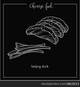 Delicious Beijing duck with asparagus from Chinese food. Roasted poultry covered in sweet honey with crispy skin isolated cartoon flat monochrome outline vector illustration on black background.. Delicious Beijing duck with asparagus from Chinese food