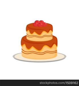 Delicious cake cartoon vector illustration. Served sweet pastry, creamy bakery flat color object. Confection, baked sugary dessert serving, tasty food on plate isolated on white background