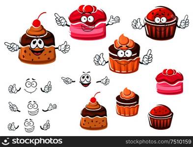 Delicious cartoon chocolate cupcakes with raisins and cream, fruit dessert with berry sauce and caramel pudding with cherry on the top. Use as bakery, pastry, confectionery shops emblems or dessert menu. Chocolate cupcakes and caramel pudding