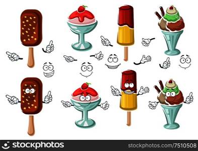 Delicious cartoon ice cream with chocolate and nuts, fruity popsicle and sundae desserts in bowls with berry sauce and fresh strawberry characters, for dessert menu design. Cartoon tasty colorful ice cream characters