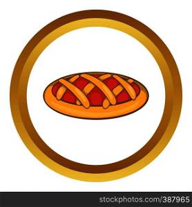 Delicious cherry pie vector icon in golden circle, cartoon style isolated on white background. Delicious cherry pie vector icon