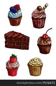 Delicious chocolate cake and cupcake sketches topped with vanilla, fruity and mint cream, chocolate glaze, fresh cherry, strawberry and raspberry fruits, wafer roll, sprinkles. Chocolate cake, cupcake sketches with cream, fruit