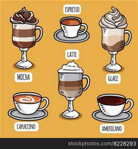 Delicious coffee types in mugs and glasses