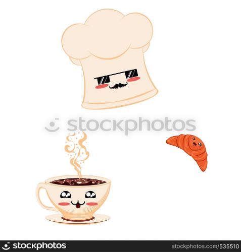 Delicious croissant with cup of coffee and chef cap design.