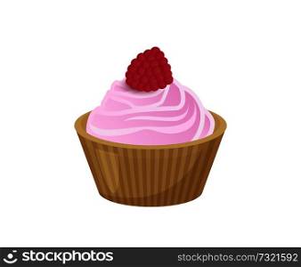 Delicious cupcake covered with pink soft tender cream and with sweet raspberry on top isolated cartoon flat vector illustration on white background.. Delicious Cupcake Covered with Soft Tender Cream
