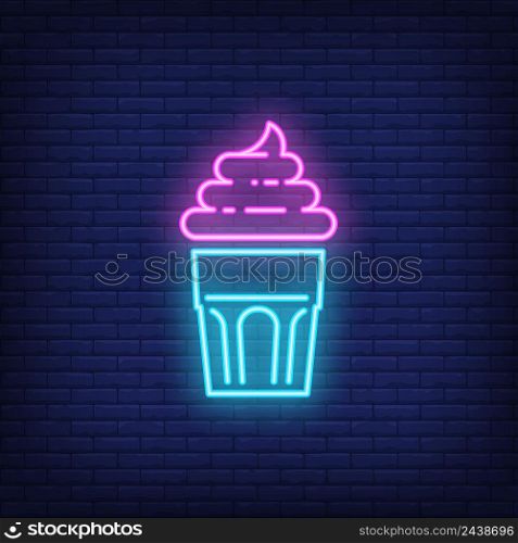 Delicious cupcake neon sign. Dessert, cafe and food concept. Advertisement design. Night bright colorful billboard, light banner. Vector illustration in neon style.