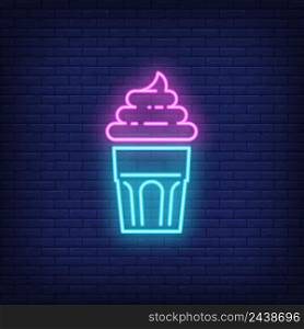 Delicious cupcake neon sign. Dessert, cafe and food concept. Advertisement design. Night bright colorful billboard, light banner. Vector illustration in neon style.
